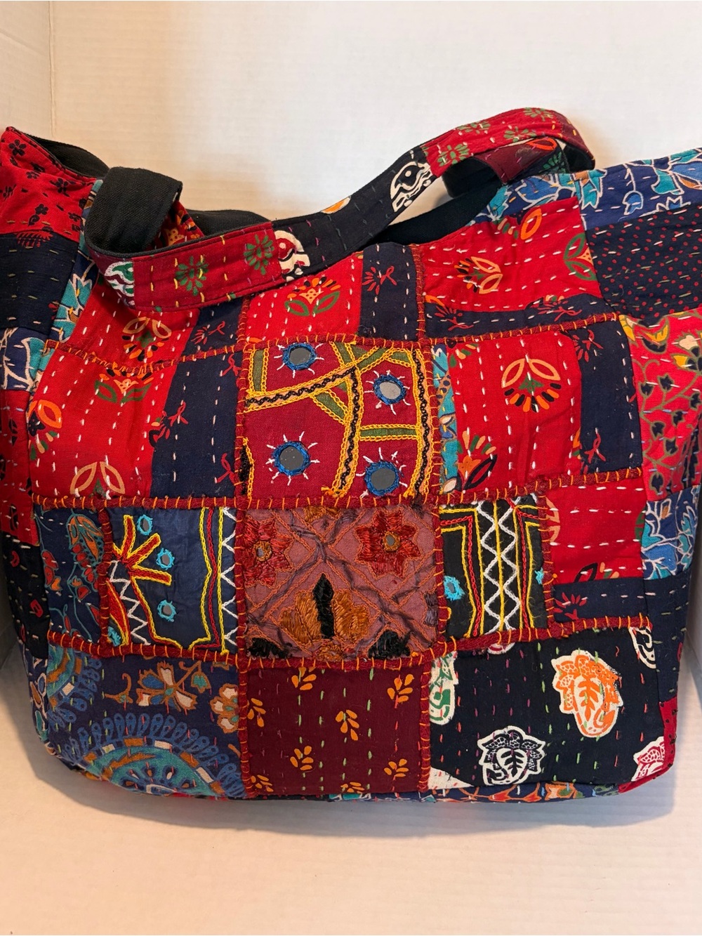 Boho Patchwork Quilted Tote Bag - Red Multicolor